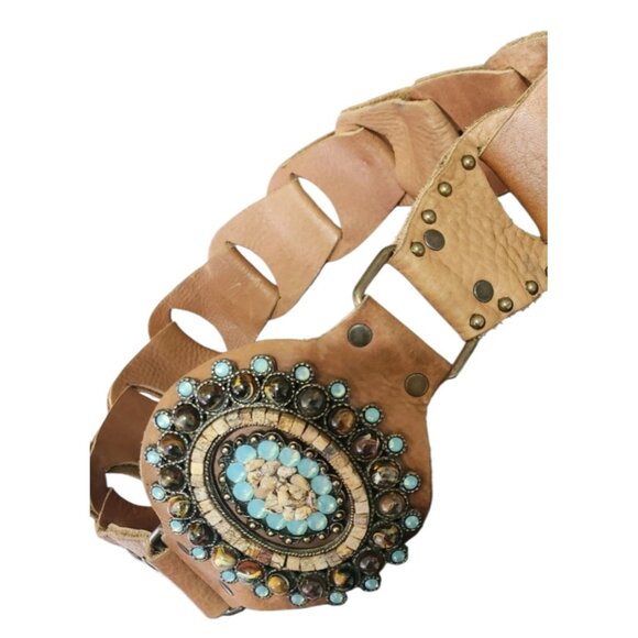 LeatheRock Custom Linked Leather Studded Rhinstone Belt Size M/L USA MSRP $245 - Picture 4 of 16